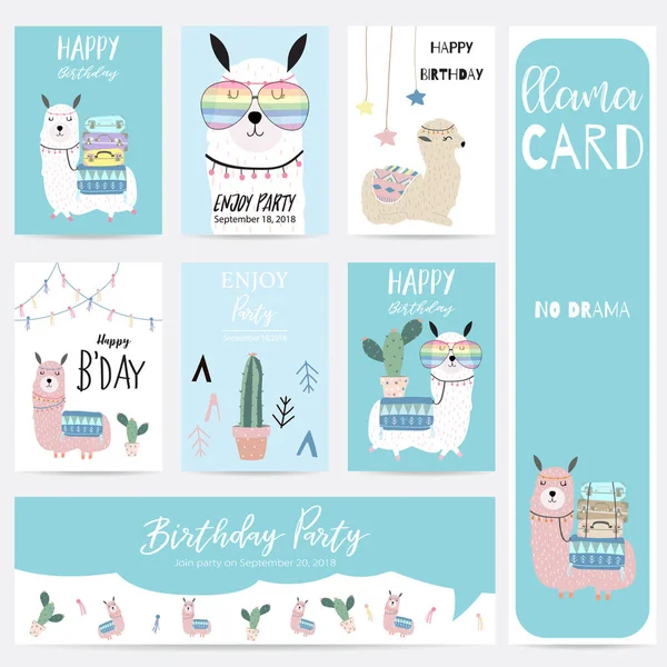 Mavi pembe el Lama, Gözlük, kaktüs ve şapka ile çizilmiş şirin kart