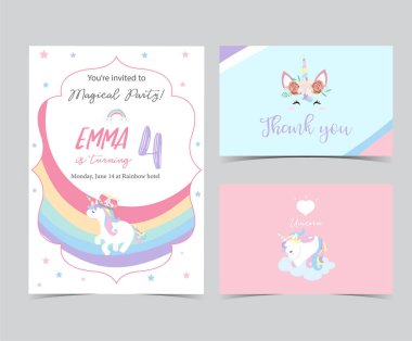 El tek boynuzlu at, baş, gökkuşağı ve yıldız ile çizilmiş şirin kart. Teşekkür ederiz