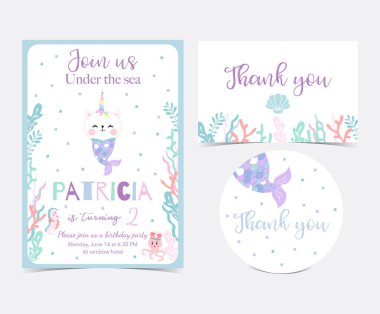 El caticorn, kalamar, mercan ve deniz atı ile çizilmiş şirin kart. Teşekkür ederiz