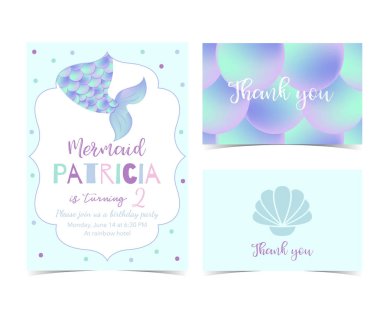 El çekilmiş şirin kart deniz kızı, balık ölçek ve Scallop.Thank ile sen