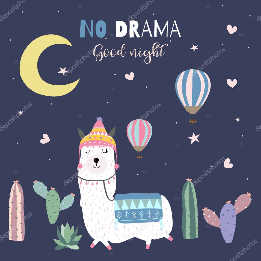Dark blue hand drawn cute card with llama,cactus,hat,balloon,star,heart and moon.No drama good night