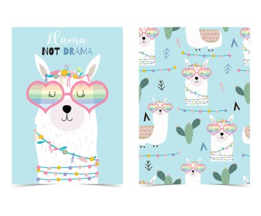 Mavi el Lama, kalp gözlük ve kaktüs ile çizilmiş şirin kart