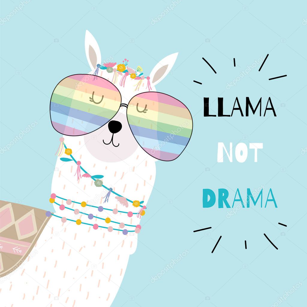 Blue hand drawn cute card with llama wear glasses