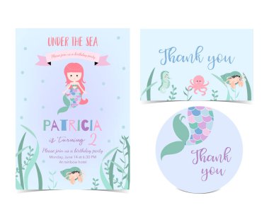 El şirin kart deniz kızı, kalamar, mercan, şerit ve deniz atı ile çekilmiş. Teşekkür ederiz