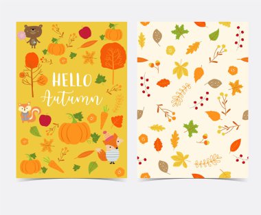 Sevimli sonbahar kartı ve çiçek, yaprak, fox, kırmızı ev, elma, kabak ve sincap ile seamless modeli el çekilmiş