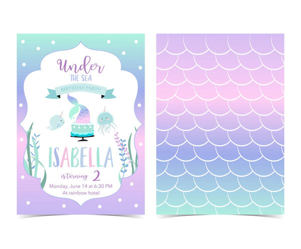 Hand drawn cute card with mermaid,cake, narwhal,jellyfish and scale