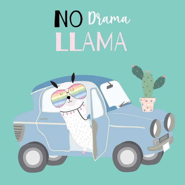 Hand Drawn Cute Card Llama Glasses Car Cactus Summer Llama — стоковый вектор
