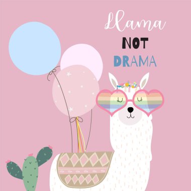 Pembe el çekilmiş şirin kart Lama, kalp gözlük, balon ve kaktüs
