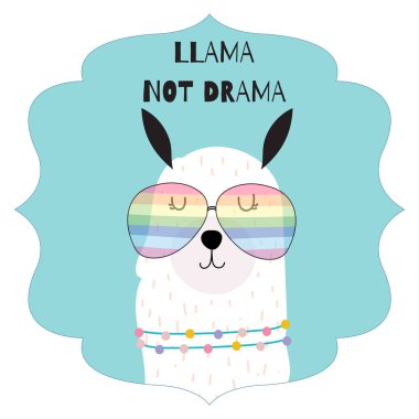 Mavi yeşil el Lama, yaz aylarında gözlük ile çizilmiş şirin kart. Lama değil drama