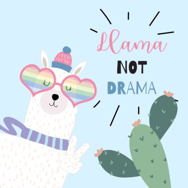 Mavi Lama, kalp gözlük ve kaktüs ile çizilmiş şirin kart ver. Lama değil drama