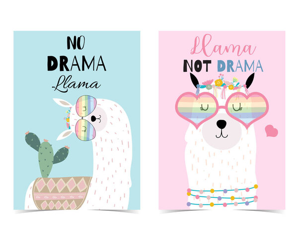 Pink,blue hand drawn cute card with llama,heart glasses and cactus.No drama llama