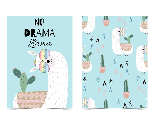 Mão Azul Desenhado Cartão Bonito Com Lama Óculos Cactus Llama —  Vetores de Stock