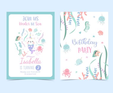 Deniz kızı, caticorn, kalamar, mercan ve deniz atı ile şirin kart el çekilmiş