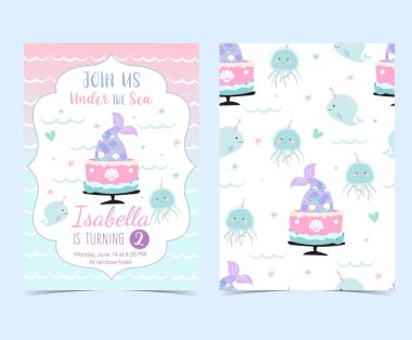 Deniz kızı, caticorn, kalamar, mercan ve deniz atı ile şirin kart el çekilmiş