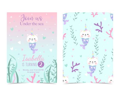 Deniz kızı, caticorn, kalamar, mercan ve deniz atı ile şirin kart el çekilmiş