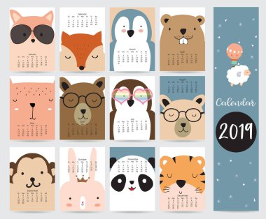 Şirin aylık takvim 2019 ile tilki, ayı, Penguen, tavşan, kaplan, panda, maymun, sincap ve gözlük. Web, afiş, poster, etiket için kullanılır ve yazdırılabilir olabilir