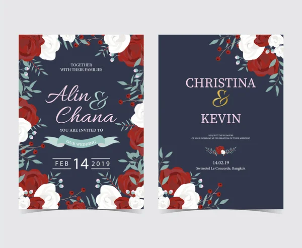 Carte Invitation Mariage Avec Fleur Rose Feuille Ruban Couronne Cadre — Image vectorielle