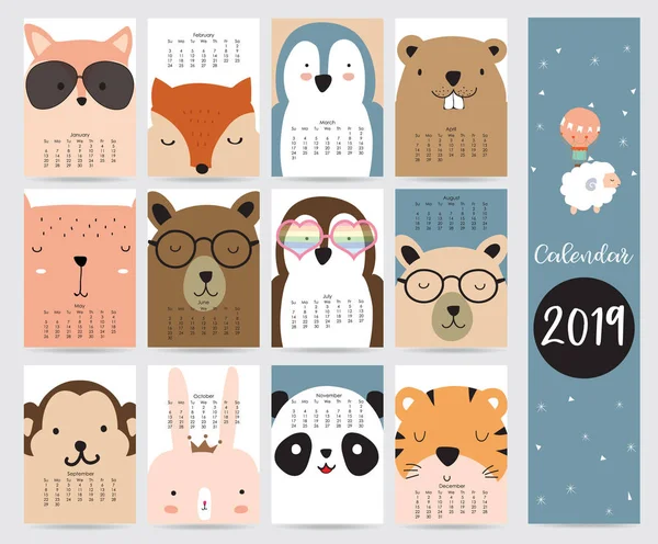 Calendario Mensile Carino 2019 Con Volpe Orso Pinguino Coniglio Tigre — Vettoriale Stock