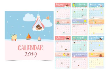Şirin aylık takvim 2019 ayı, kız, tavşan, maymun, koyun, yıldız, bulut, moon ve balon. Web, afiş, poster, etiket için kullanılır ve yazdırılabilir olabilir