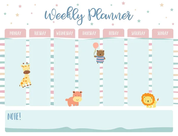 Pastelových Týdenní Kalendář Planner Žirafa Hroch Medvěd Balón Lev — Stockový vektor