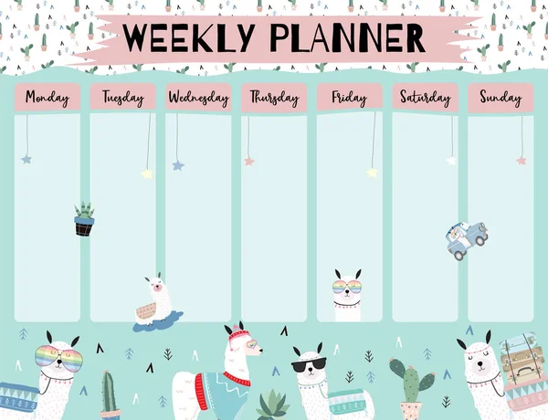 Pastel Planificador Calendario Semanal Con Llama Alpaca Cactus Gafas Coche — Vector de stock