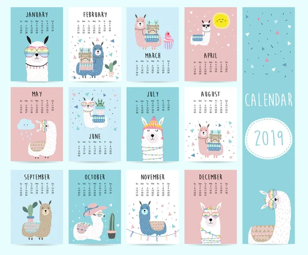 Cute Monthly Calendar 2019 Llama Luggage Cactus Geometrical Glasses Heart — Stock Vector