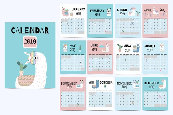 Calendario Mensile Carino 2019 Con Lama Bagagli Cactus Geometrico Occhiali — Vettoriale Stock