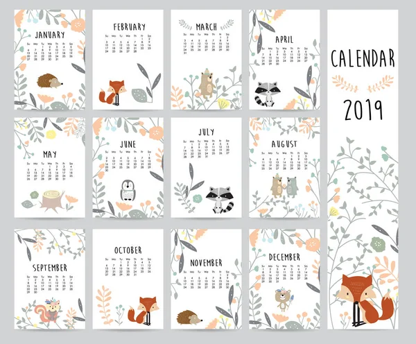 Chic Monthly Calendar 2019 Squirrel Fox Bear Skunk Porcupine Penguin — Stock Vector