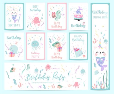 Deniz kızı, caticorn, kalamar, mercan ve deniz atı ile şirin kart el çekilmiş