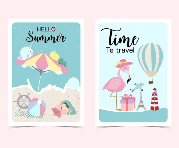 Reisegrüßkarte Mit Sonnenschirm Flugzeug Flamingo Blume Narwal Ananas Ballon Geschenk — Stockvektor