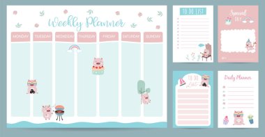 Pastel 2019 haftalık takvim planlayıcısı domuz, gökkuşağı, Hediyelik, kaktüs, gözlük ve cupcake