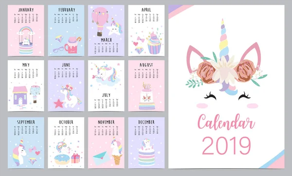 Carino Calendario Mensile 2019 Con Testa Unicorno Diamante Cuore Palloncino — Vettoriale Stock