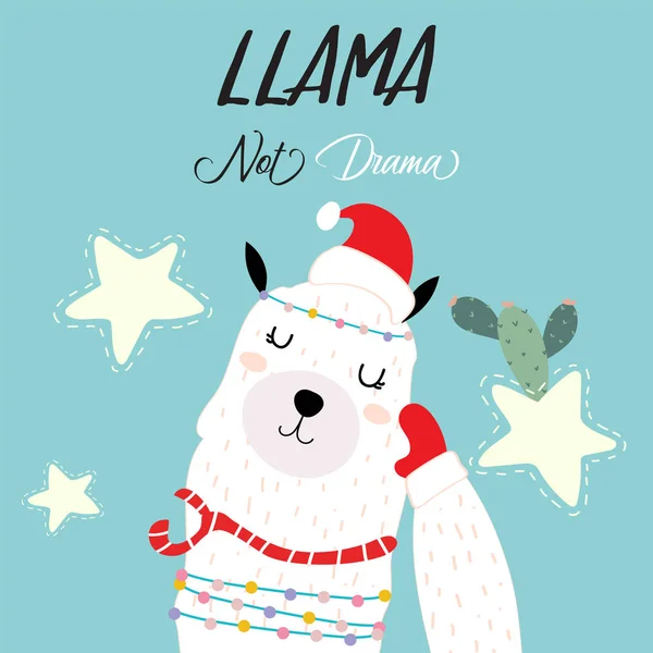 Blue Pink Hand Drawn Cute Card Llama Cactus Star Merry — стоковый вектор