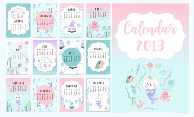 Deniz kızı, caticorn, kalamar, mercan ve deniz atı ile şirin aylık takvim 2019