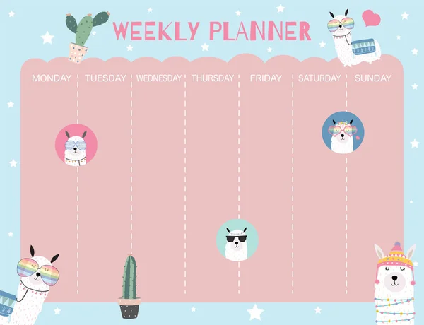 Pastel Weekly Calendar Planner Llama Alpaca Cactus Glasses Cupcake — Stock Vector