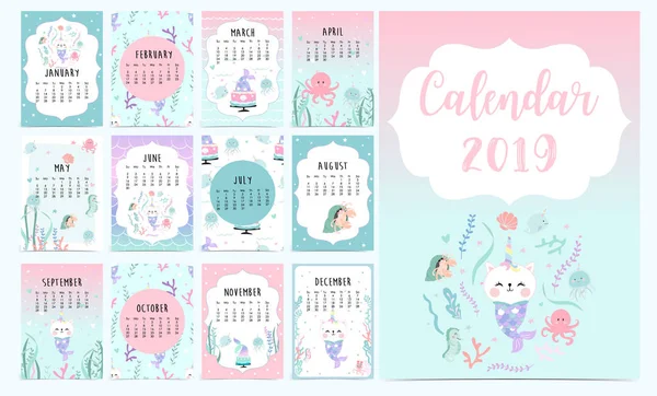 Söt Månatliga Kalender 2019 Med Mermaid Caticorn Bläckfisk Korall Och — Stock vektor