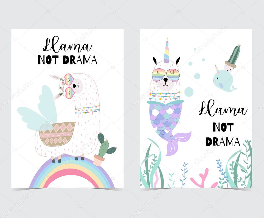 Blue pink hand drawn cute card with llama, glasses,cactus and rainbow in summer.No drama llama, Llama not drama