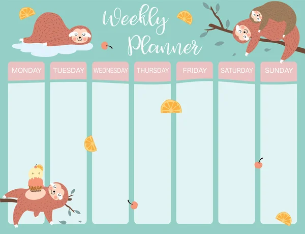 Pastel Weekly Calendar Planner Sloth Tree Orange Cherry — Stock Vector