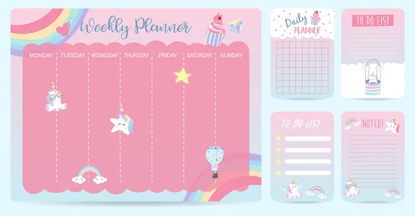 Pastel Weekly Calendar Planner Unicorn Rainbow Glasses Cupcake — Stock Vector