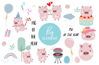 Pembe el domuz öğe kek, Barbekü, balon, şapka, pasta, çiçek ve rainbow ile çekilmiş. Domuz yılın