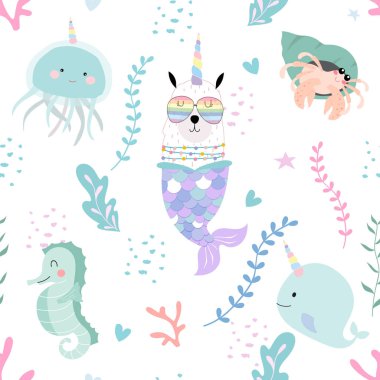 Lama, Gözlük, deniz atı, deniz kızı ve mercan ile şirin seamless modeli mavi el çekilmiş
