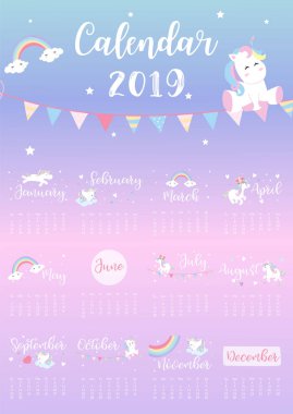 Şirin gökkuşağı tek boynuzlu at, baş, yıldız, kalp ve rainbow ile aylık takvim 2019. Web, afiş, poster, etiket için kullanılır ve yazdırılabilir olabilir