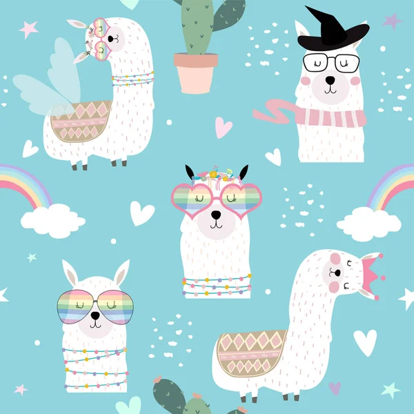 Blue Hand Drawn Cute Seamless Pattern Llama Glasses Cactus Rainbow — стоковый вектор