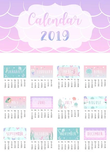 Şirin gökkuşağı deniz kızı, caticorn, kalamar, mercan ve deniz atı ile aylık takvim 2019. Web, afiş, poster, etiket için kullanılır ve yazdırılabilir olabilir