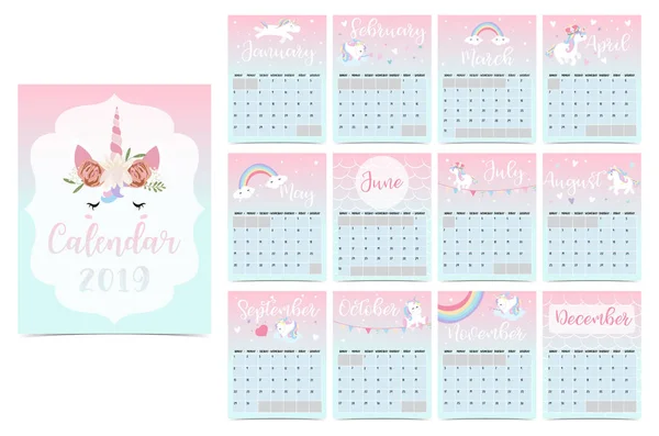 Cute Tęczy Miesięczny Kalendarz 2019 Jednorożca Głowy Star Serce Tęcza — Wektor stockowy