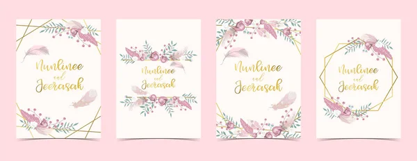 Geometry Pink Gold Wedding Invitation Card Rose Leaf Ribbon Wreath — Stock Vector