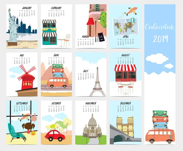 Cute Monthly Calendar 2019 Travel Vacation Van Air Plane Eiffel — стоковый вектор