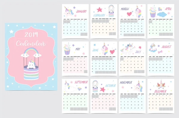 Cute Tęczy Miesięczny Kalendarz 2019 Jednorożca Głowy Star Serce Tęcza — Wektor stockowy