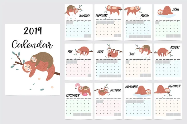 Cute Monthly Calendar 2019 Sloth Tree Bear Children Can Used — стоковый вектор