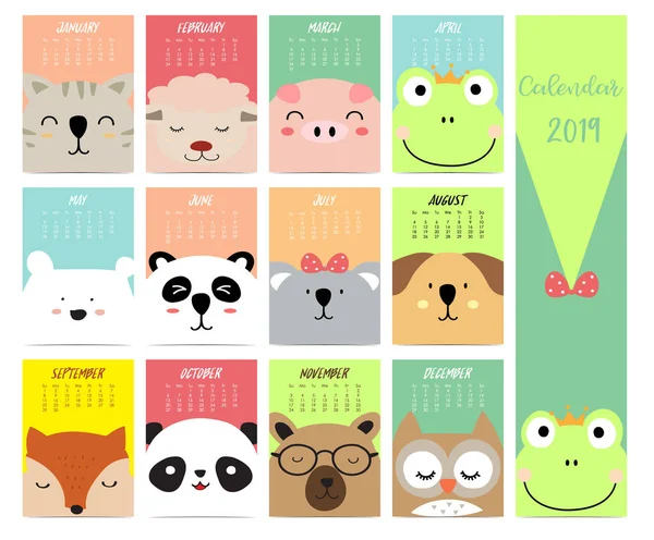 Cute Monthly Calendar 2019 Cat Sheep Pig Fox Bear Panda — Stock Vector